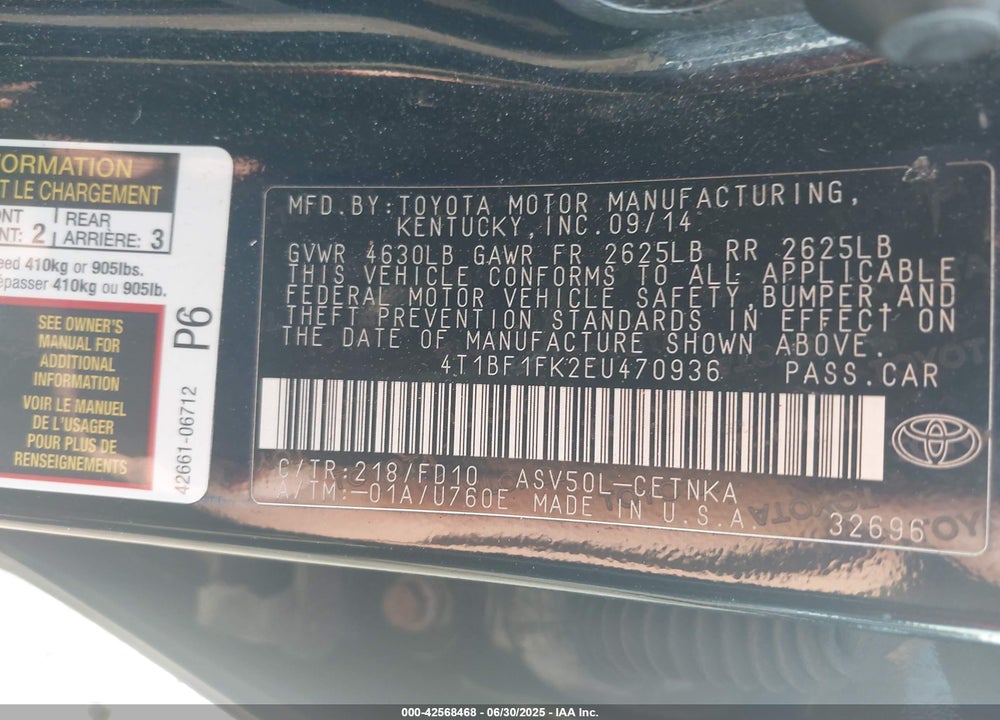 2014 TOYOTA CAMRY LE VIN: 4T1BF1FK2EU470936