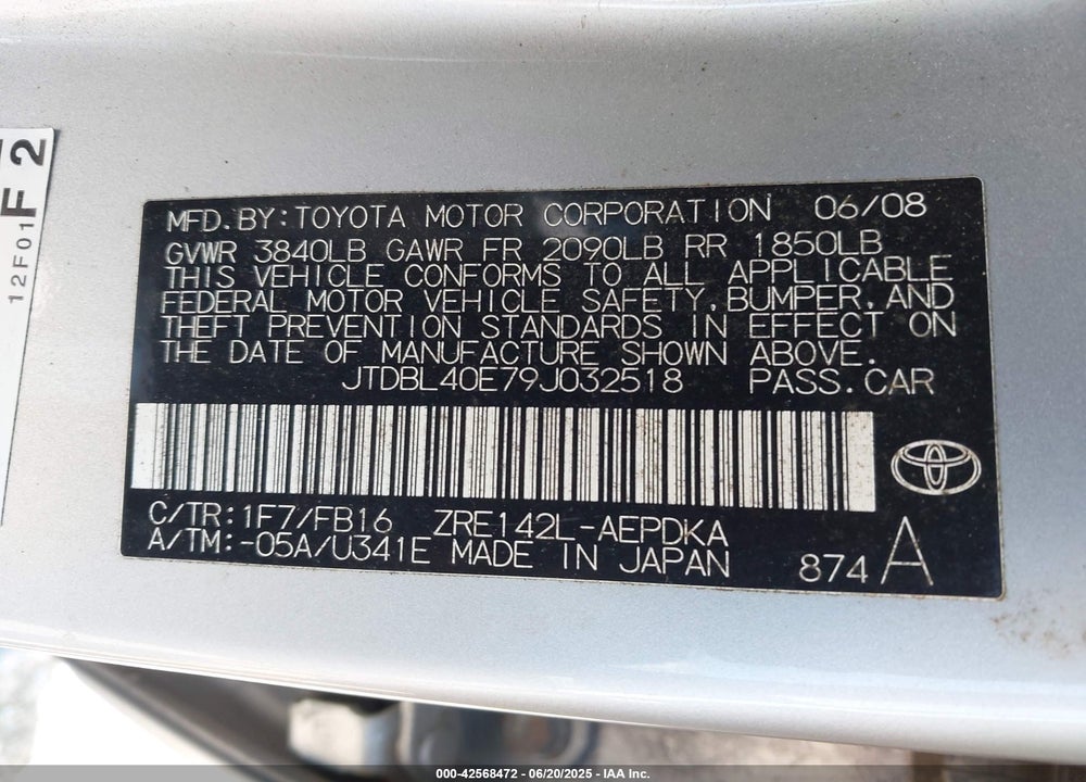 2009 TOYOTA COROLLA VIN: JTDBL40E79J032518