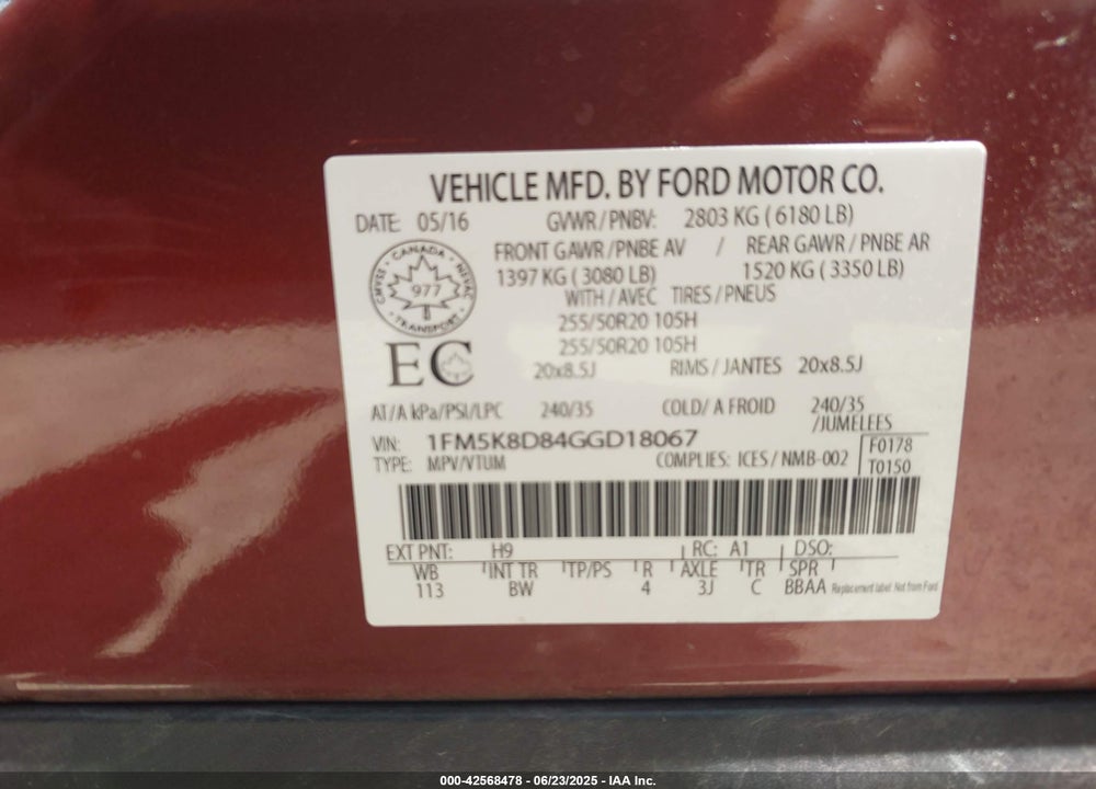 2016 FORD EXPLORER VIN: 1FM5K8D84GGD18067
