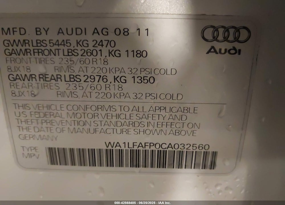2012 AUDI Q5 2.0T PREMIUM VIN: WA1LFAFP0CA032560