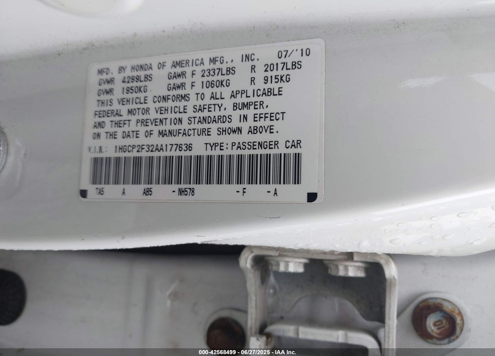 2010 HONDA ACCORD 2.4 LX VIN: 1HGCP2F32AA177636