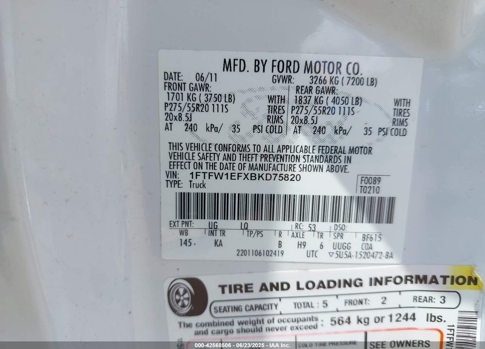 2011 FORD F-150 VIN: 1FTFW1EFXBKD75820