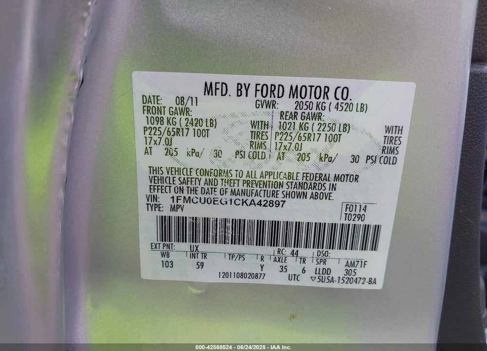 2012 FORD ESCAPE LIMITED VIN: 1FMCU0EG1CKA42897