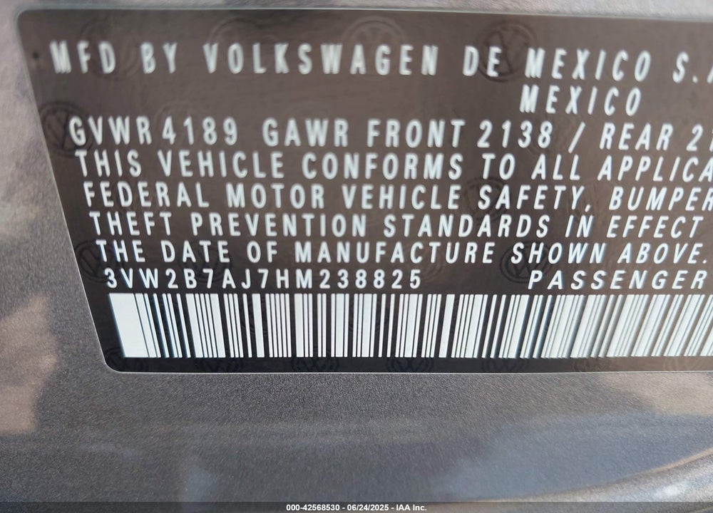 2017 VOLKSWAGEN JETTA VIN: 3VW2B7AJ7HM238825