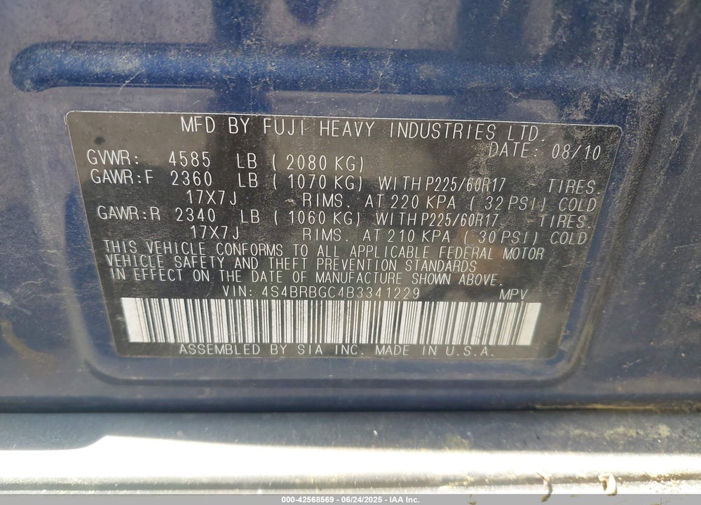2011 SUBARU OUTBACK VIN: 4S4BRBGC4B3341229