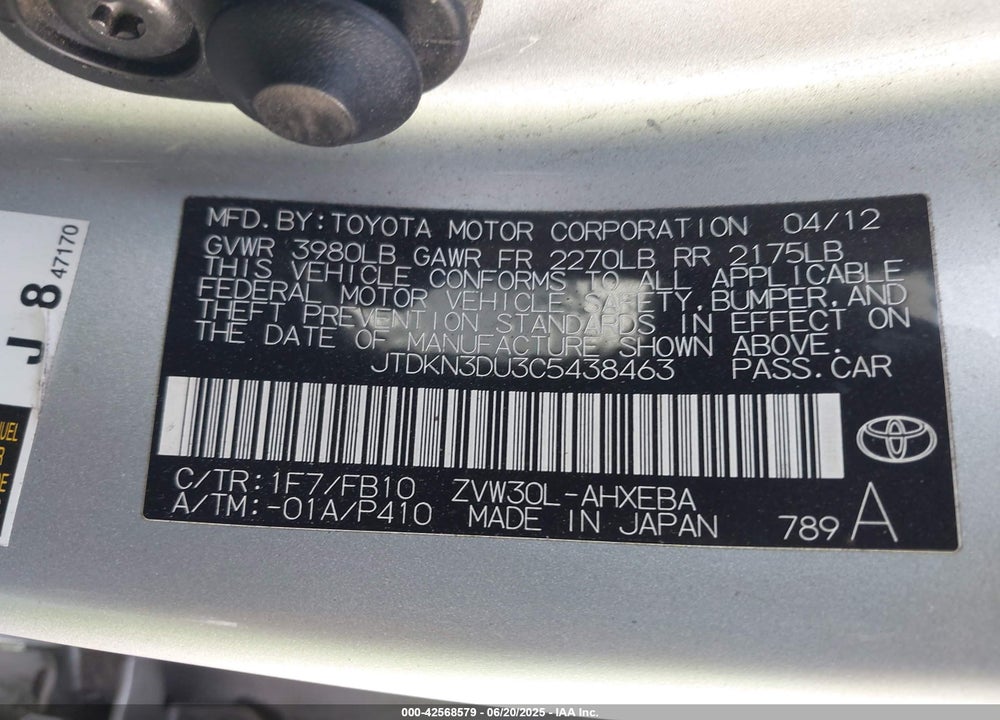2012 TOYOTA PRIUS THREE VIN: JTDKN3DU3C5438463