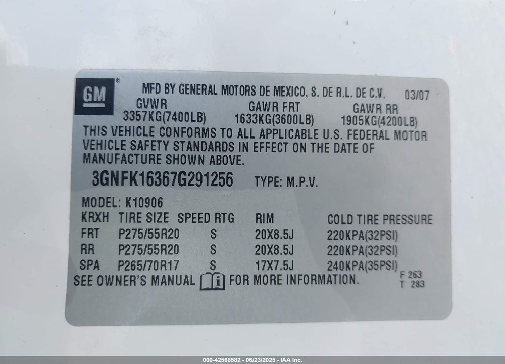 2007 CHEVROLET SUBURBAN 1500 LTZ VIN: 3GNFK16367G291256