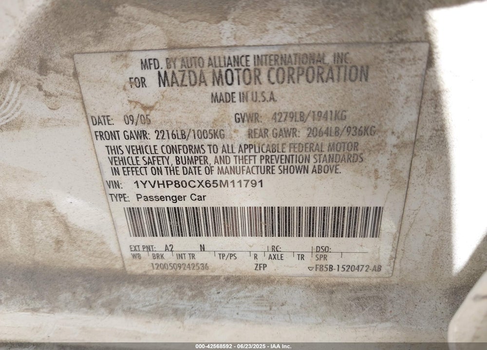 2006 MAZDA 6 I SPORT VIN: 1YVHP80CX65M11791