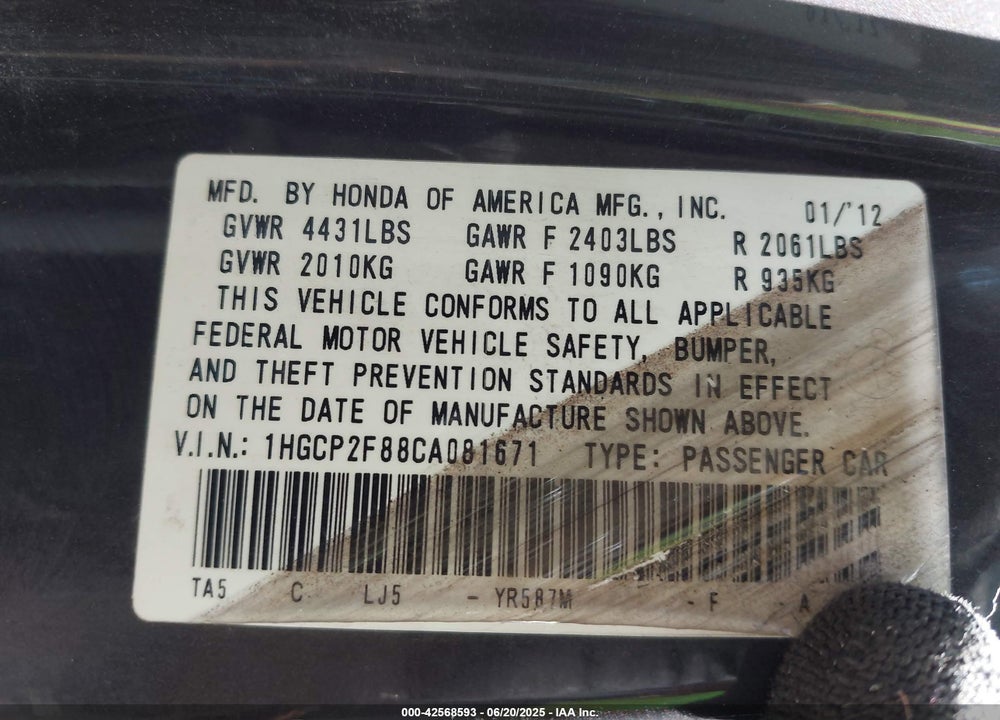 2012 HONDA ACCORD 2.4 EX-L VIN: 1HGCP2F88CA081671