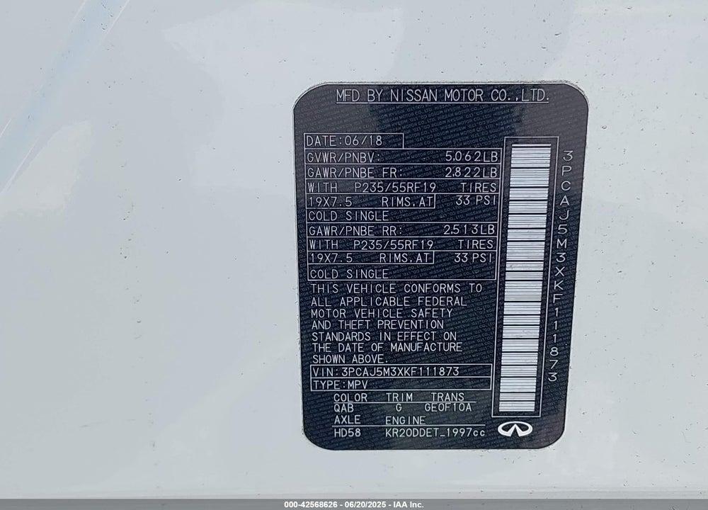 2019 INFINITI QX50 ESSENTIAL VIN: 3PCAJ5M3XKF111873