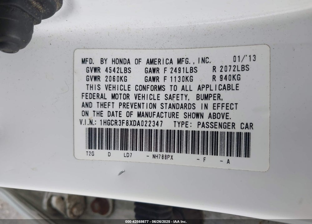 2013 HONDA ACCORD VIN: 1HGCR3F8XDA022347