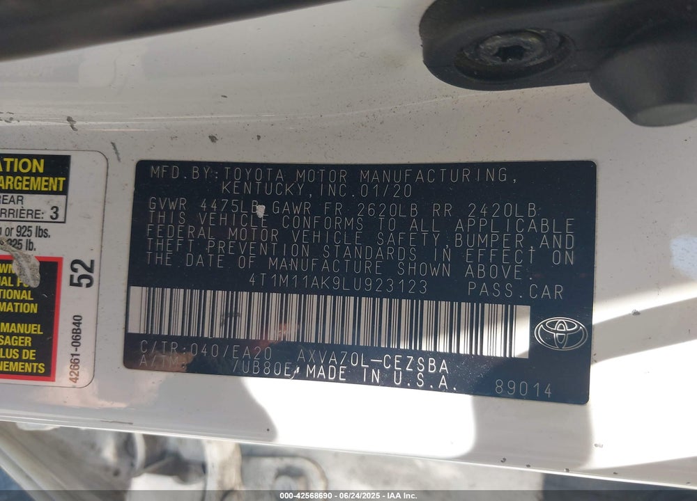 2020 TOYOTA CAMRY VIN: 4T1M11AK9LU923123