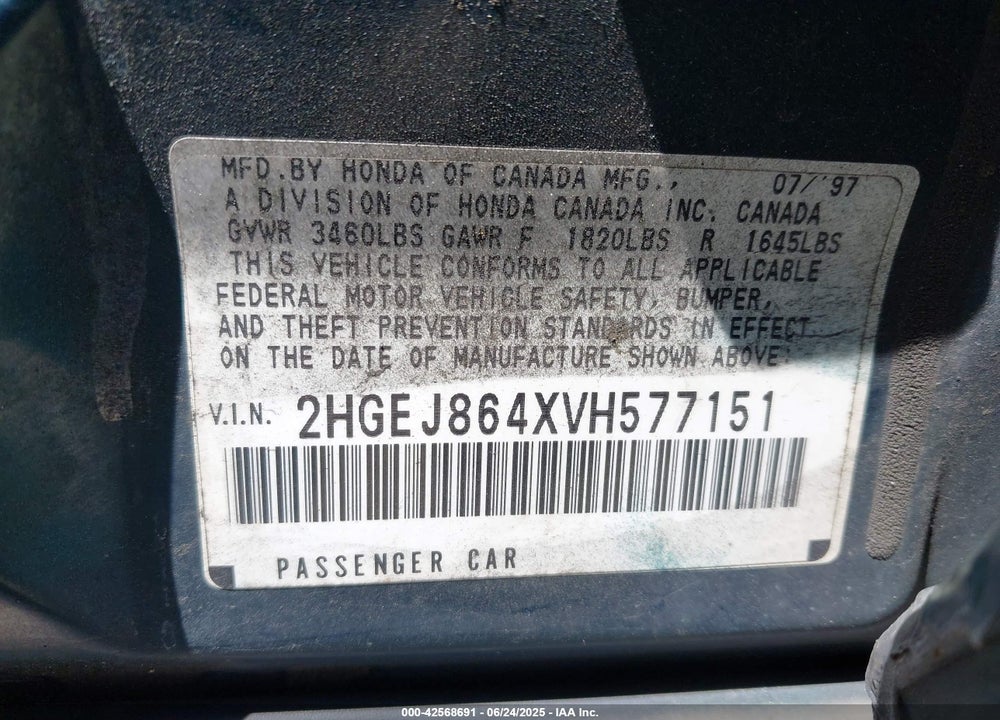 1997 HONDA CIVIC EX VIN: 2HGEJ864XVH577151