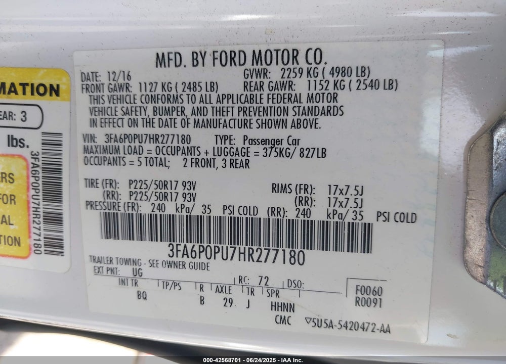 2017 FORD FUSION VIN: 3FA6P0PU7HR277180