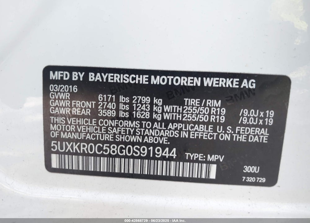 2016 BMW X5 VIN: 5UXKR0C58G0S91944