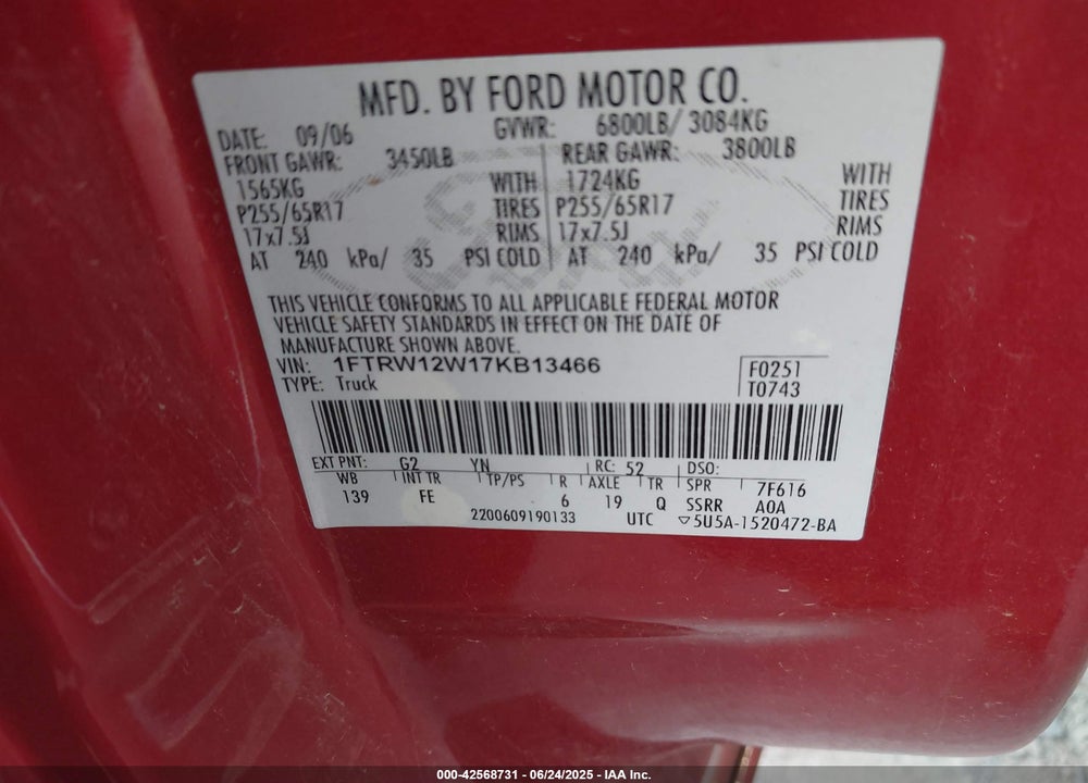 2007 FORD F-150 VIN: 1FTRW12W17KB13466