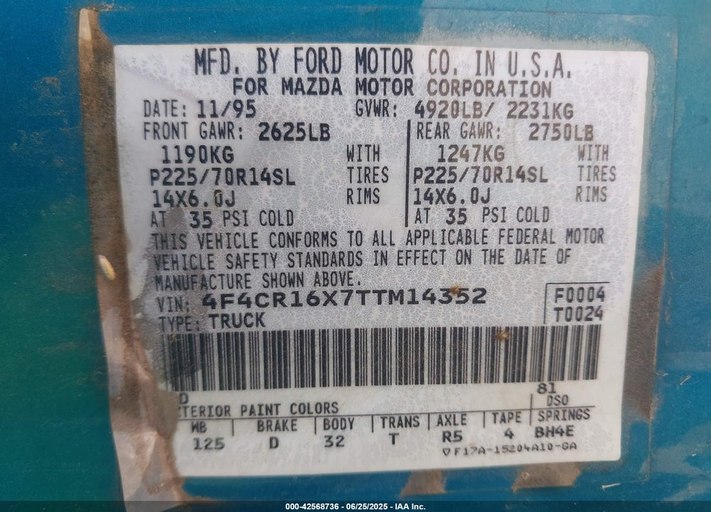 1996 MAZDA B4000 CAB PLUS VIN: 4F4CR16X7TTM14352