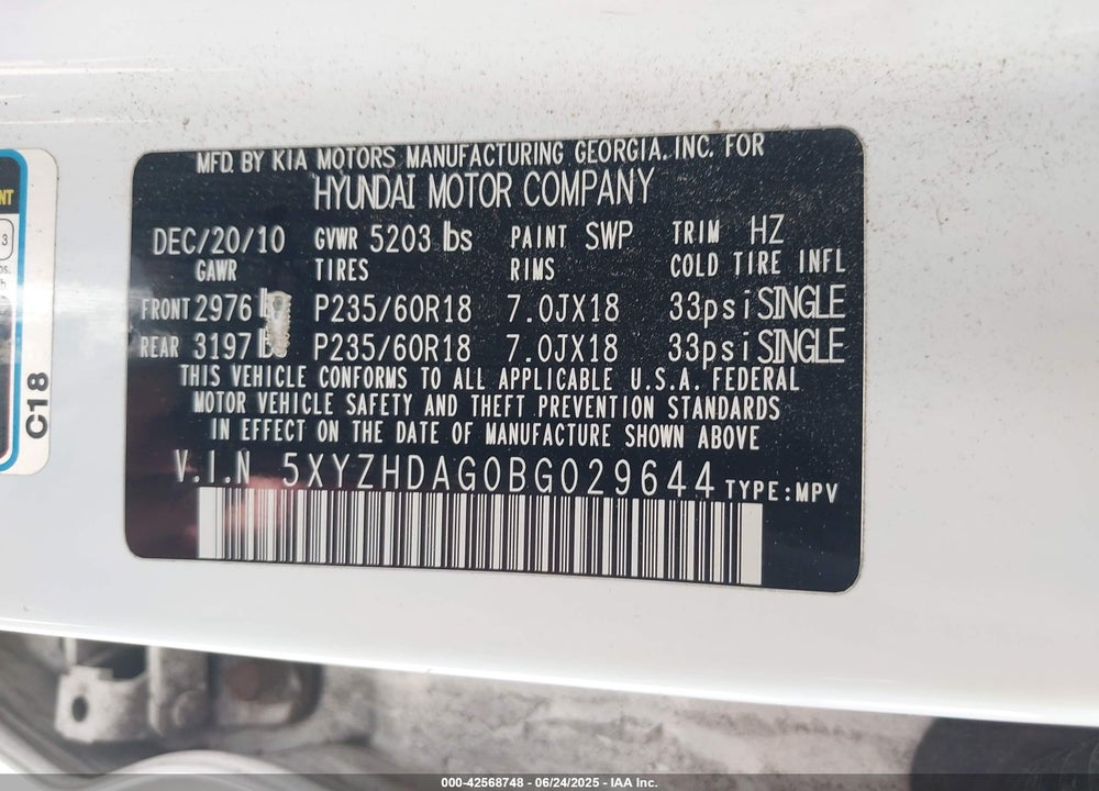 2011 HYUNDAI SANTA FE VIN: 5XYZHDAG0BG029644