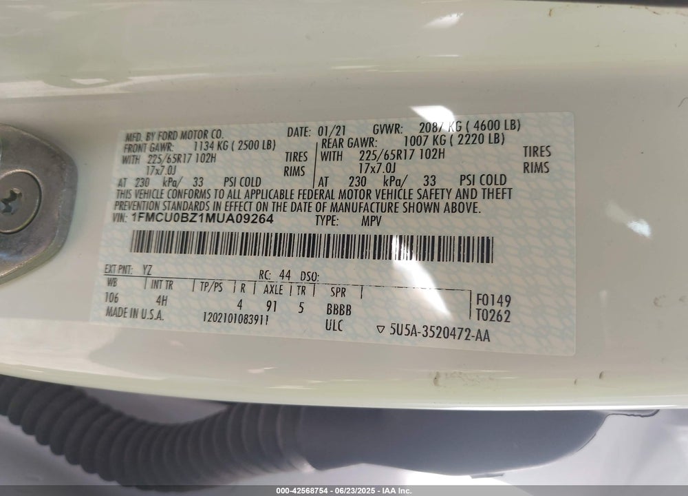 2021 FORD ESCAPE VIN: 1FMCU0BZ1MUA09264