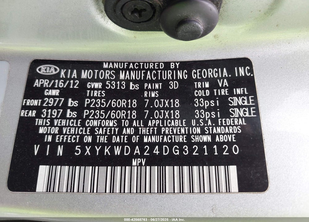 2013 KIA SORENTO VIN: 5XYKWDA24DG321120