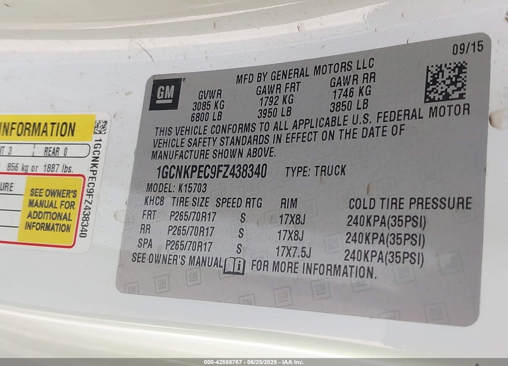 2015 CHEVROLET SILVERADO 1500 VIN: 1GCNKPEC9FZ438340