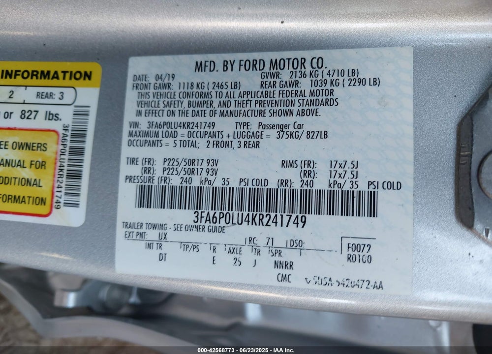 2019 FORD FUSION VIN: 3FA6P0LU4KR241749