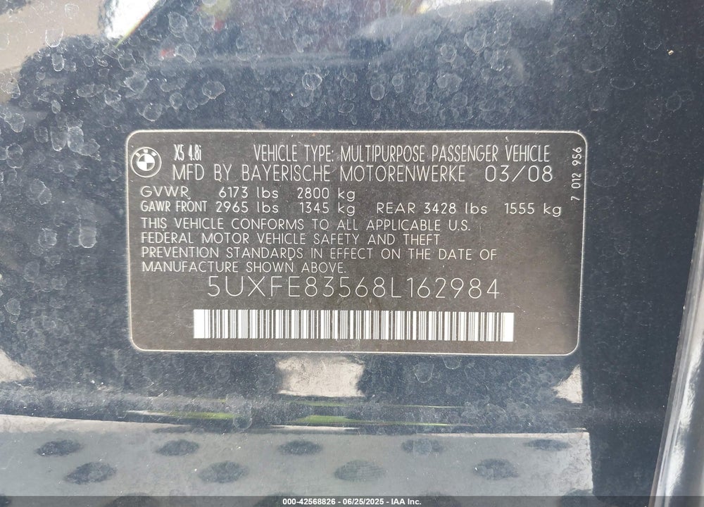 2008 BMW X5 4.8I VIN: 5UXFE83568L162984