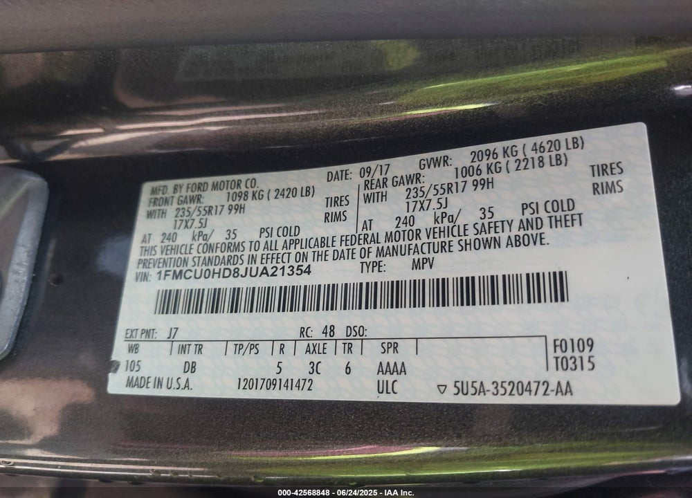2018 FORD ESCAPE SEL VIN: 1FMCU0HD8JUA21354