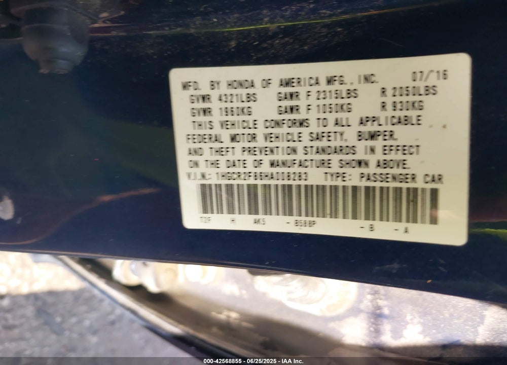 2017 HONDA ACCORD EX-L VIN: 1HGCR2F86HA008283