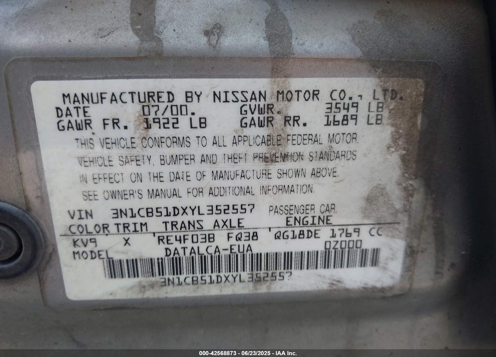2000 NISSAN SENTRA VIN: 3N1CB51DXYL352557