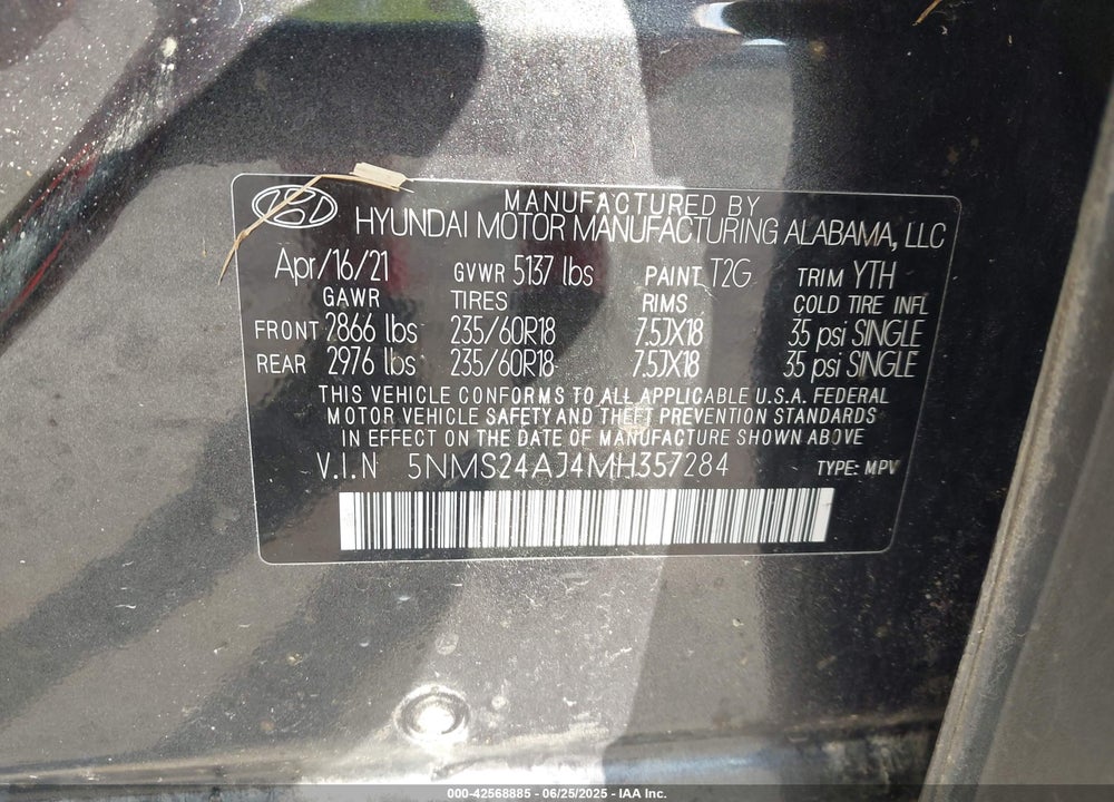 2021 HYUNDAI SANTA FE VIN: 5NMS24AJ4MH357284