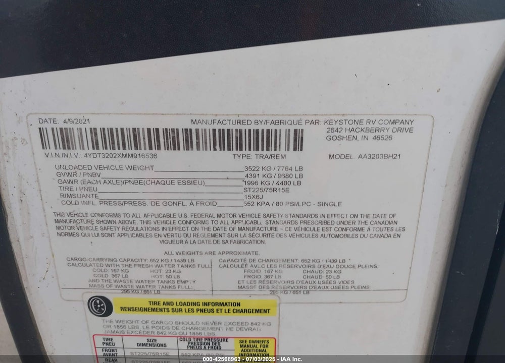2021 PALOMINO ASTORIA 3203BH VIN: 4YDT3202XMM916536