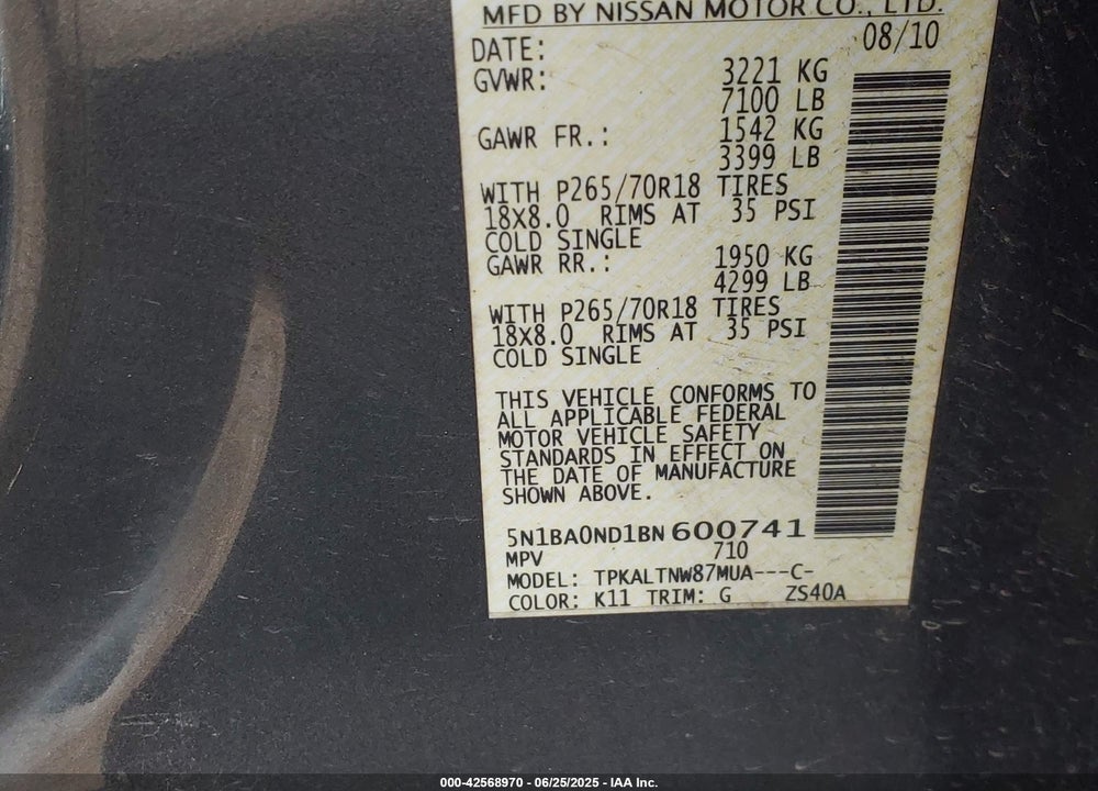 2011 NISSAN ARMADA VIN: 5N1BA0ND1BN600741