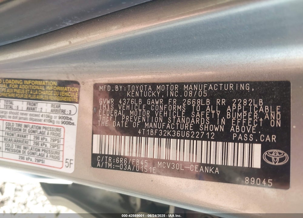 2006 TOYOTA CAMRY VIN: 4T1BF32K36U622712
