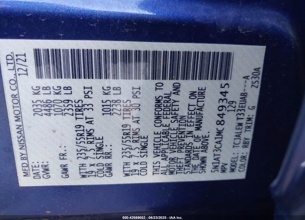 2021 NISSAN ROGUE VIN: 5N1AT3CA1MC849345