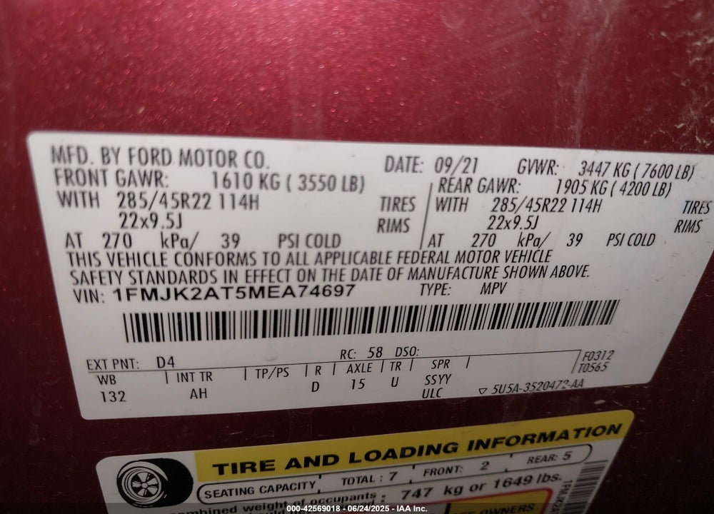 2021 FORD EXPEDITION VIN: 1FMJK2AT5MEA74697