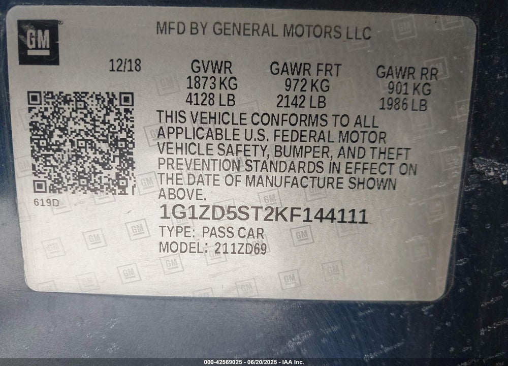 2019 CHEVROLET MALIBU VIN: 1G1ZD5ST2KF144111