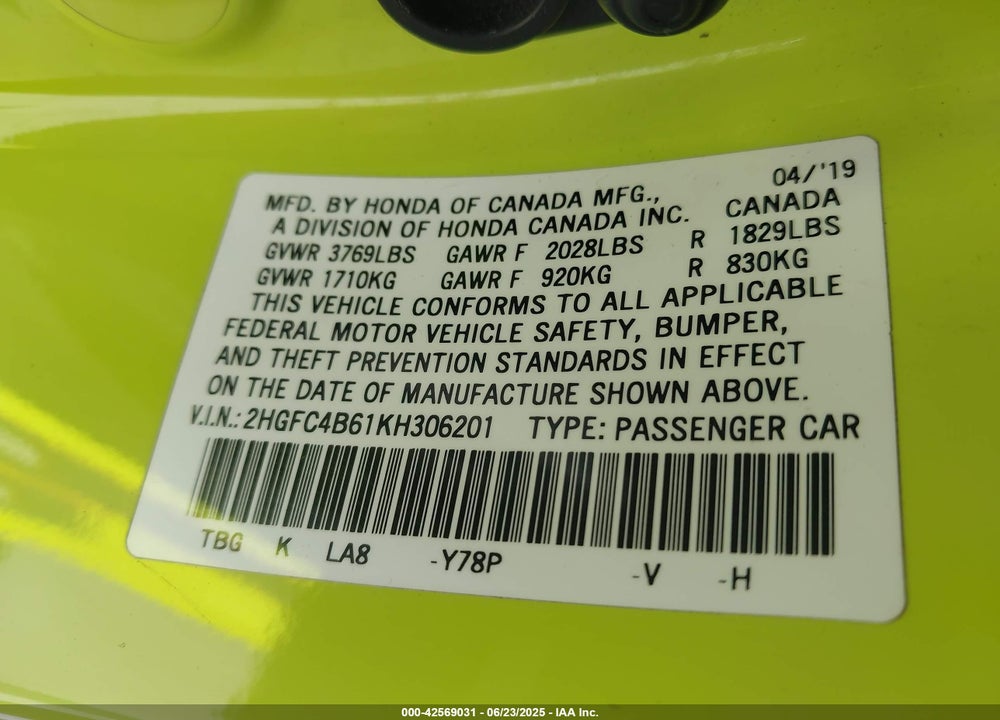 2019 HONDA CIVIC VIN: 2HGFC4B61KH306201