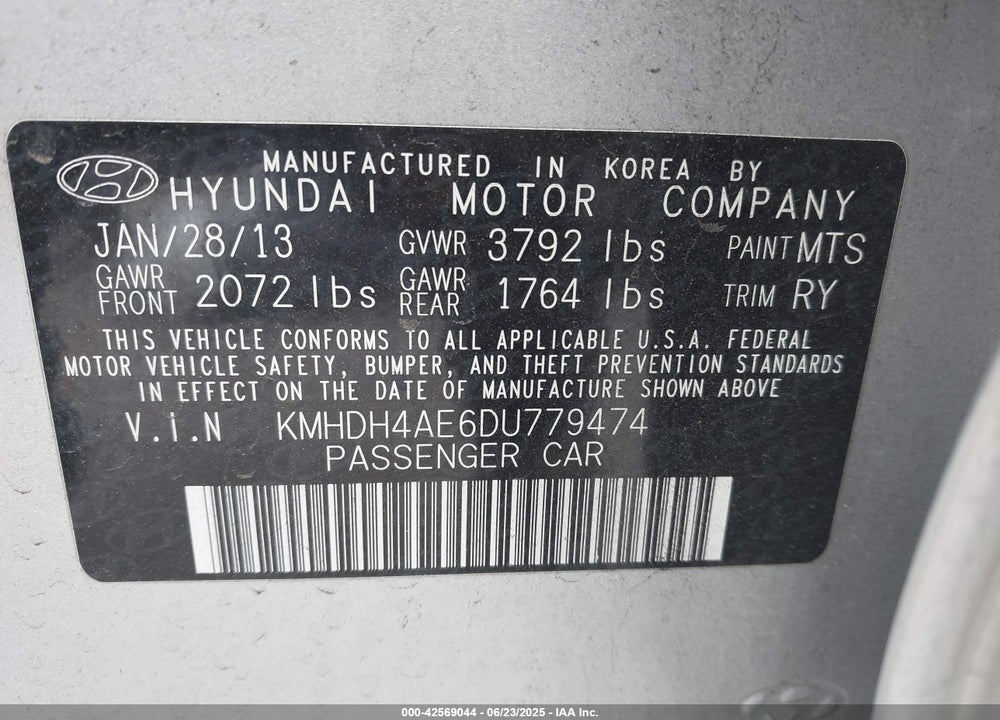 2013 HYUNDAI ELANTRA VIN: KMHDH4AE6DU779474