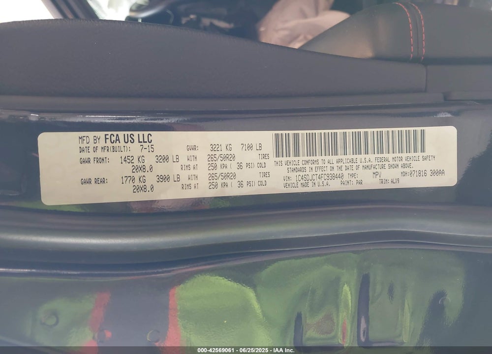 2015 DODGE DURANGO VIN: 1C4SDJCT4FC938440