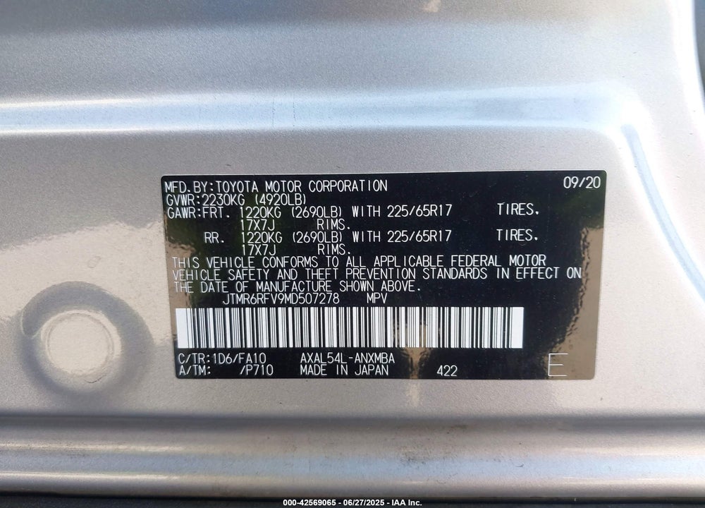 2021 TOYOTA RAV4 HYBRID VIN: JTMR6RFV9MD507278