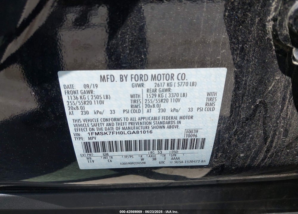 2020 FORD EXPLORER VIN: 1FMSK7FH0LGA81016