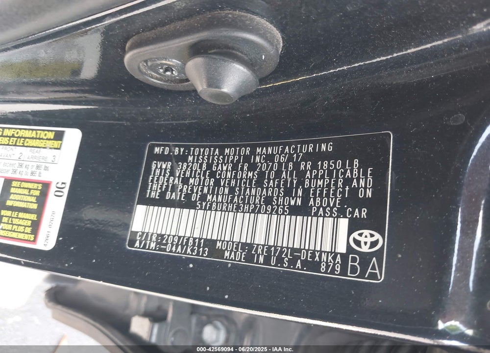 2017 TOYOTA COROLLA VIN: 5YFBURHE3HP709265