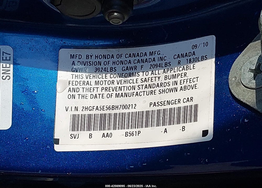 2011 HONDA CIVIC VIN: 2HGFA5E56BH700212