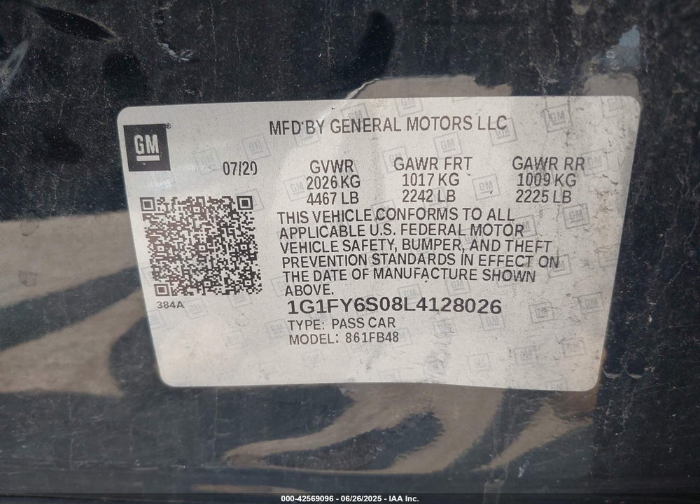 2020 CHEVROLET BOLT EV FWD LT VIN: 1G1FY6S08L4128026