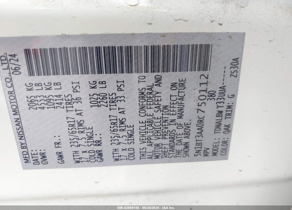 2024 NISSAN ROGUE VIN: 5N1BT3AA0RC750112