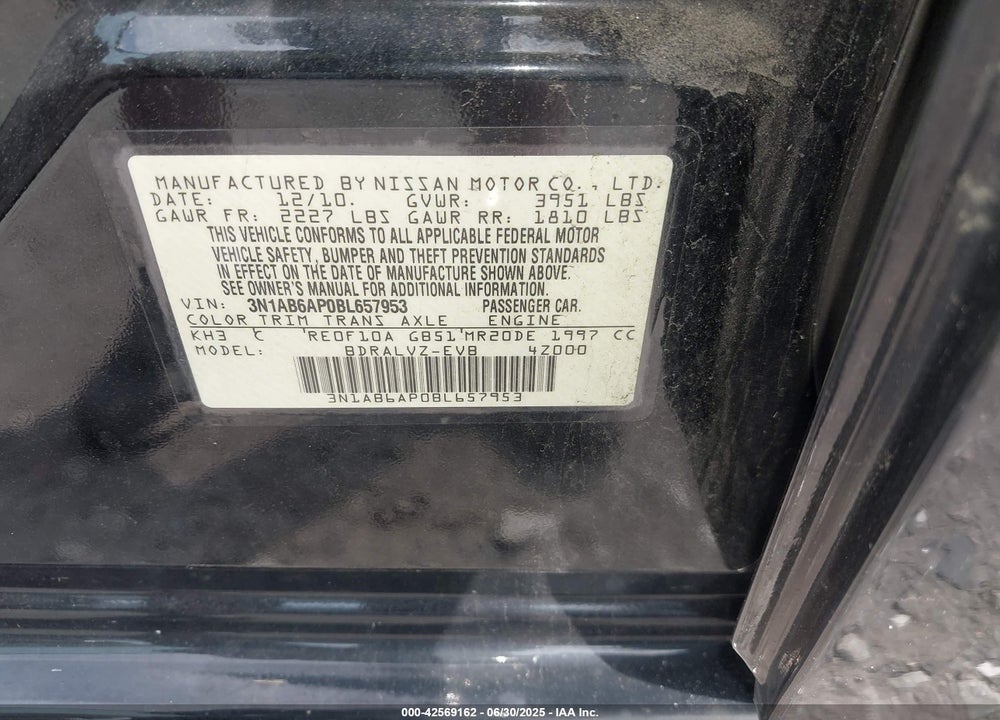 2011 NISSAN SENTRA VIN: 3N1AB6AP0BL657953