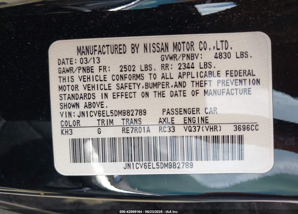 2013 INFINITI G37X VIN: JN1CV6EL5DM982789