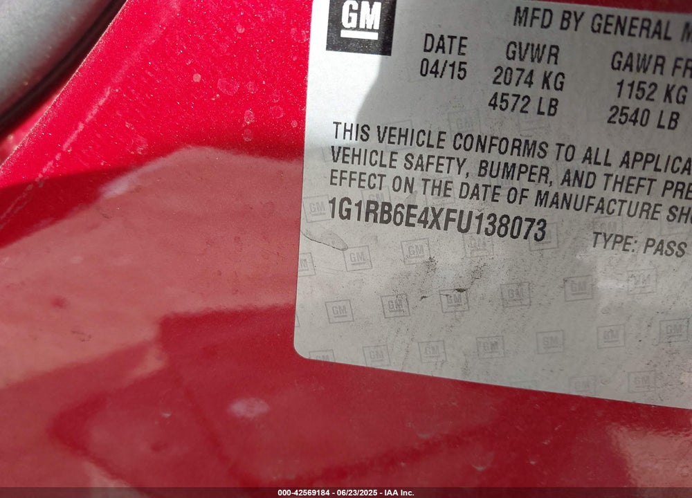 2015 CHEVROLET VOLT VIN: 1G1RB6E4XFU138073