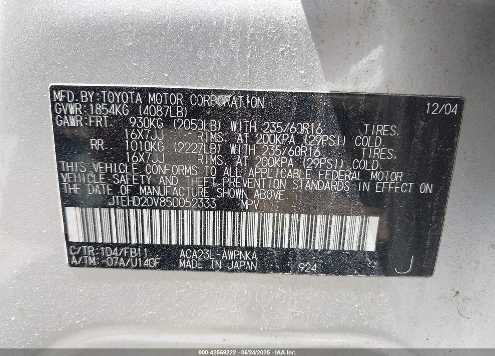 2005 TOYOTA RAV4 VIN: JTEHD20V850052333